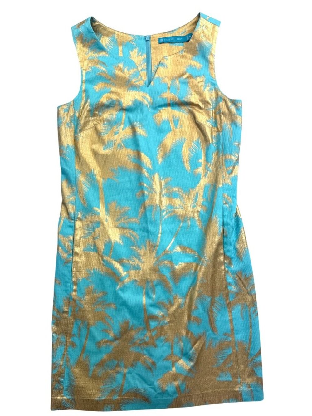 Tori Richard Women's 4 Palm Tree Dress Turquoise Gold Sleeveless Tropical Resort